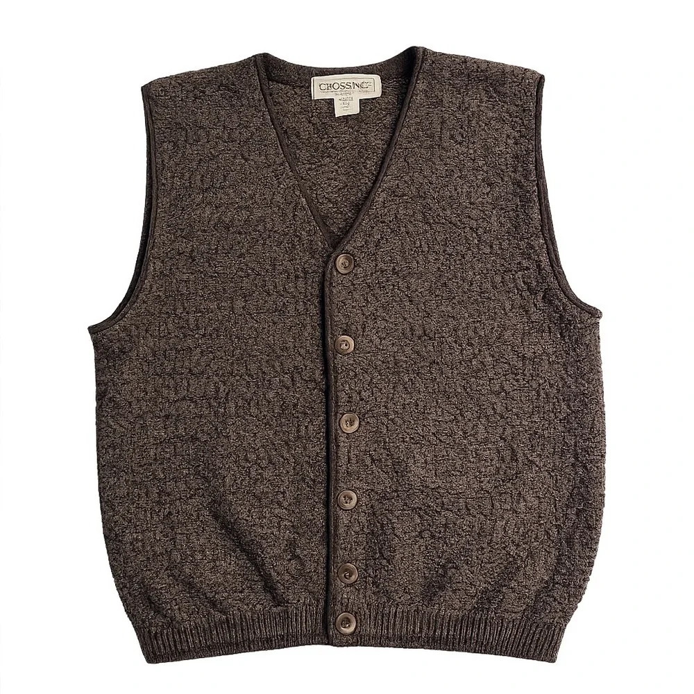 Crossings Vintage Knit Button Front Vest Men M Brown Fisherman Preppy Cotton USA